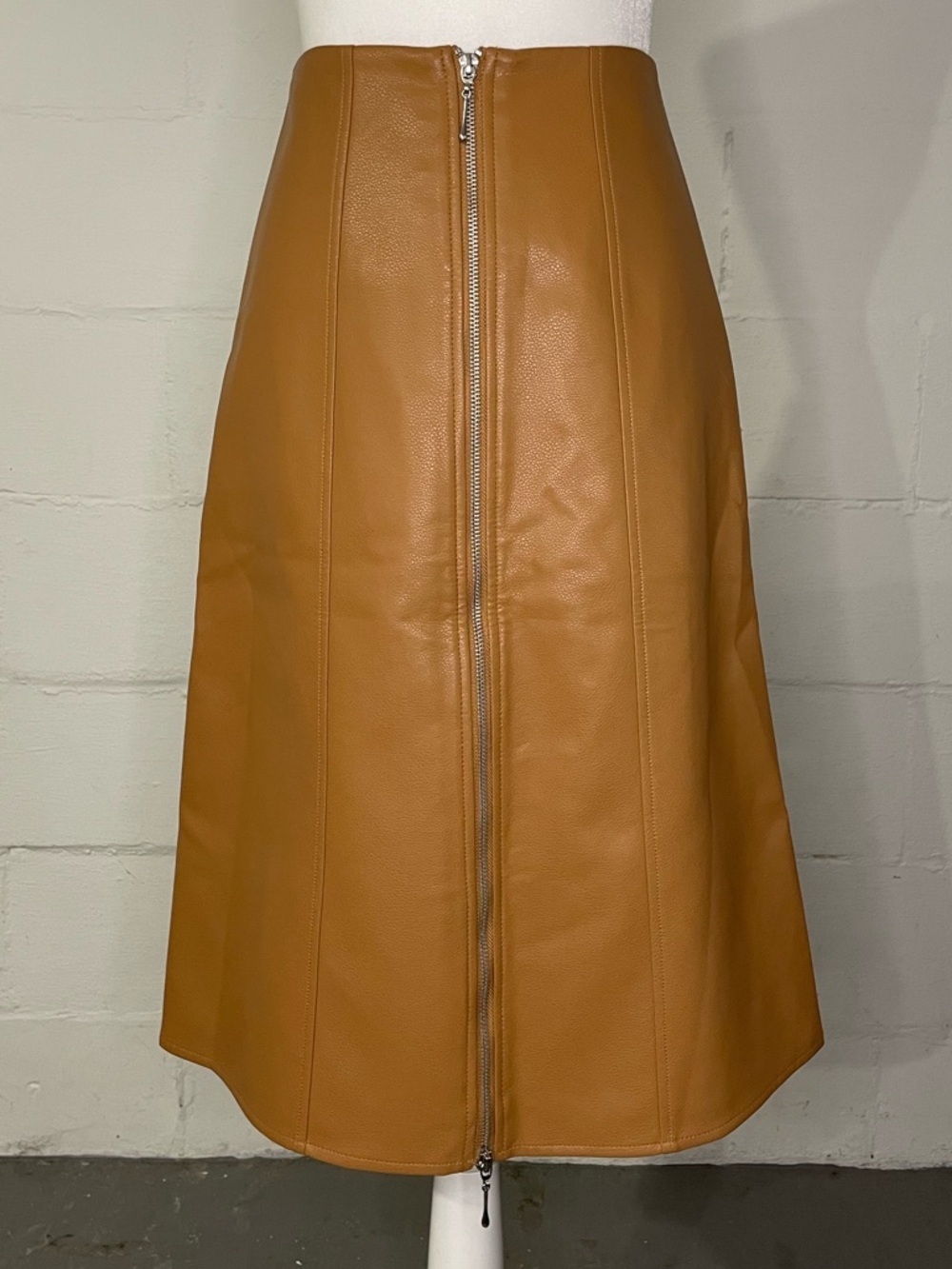 French Connection Tan Faux Leather A-Line Skirt with Front Zip